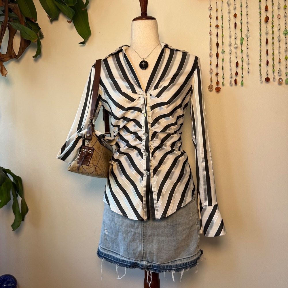 Vintage Y2K Cache pinstripe button down mobwife office siren ruched bust 90s